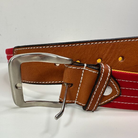 Muletta Men 34 Red Yellow Canvas Brown Leather Belt - Picture 3 of 6